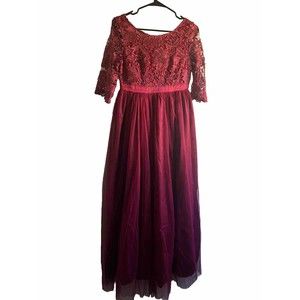 Ibtom Castle Dress Women's Medium Maroon Gown Lace Top Pleated Bottom desginer
